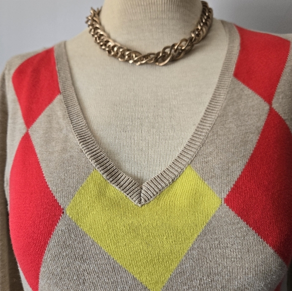 Esprit V-Neck Cotton Sweater Tan with Red, Yellow, Argyle. Size Amall - Picture 3 of 9